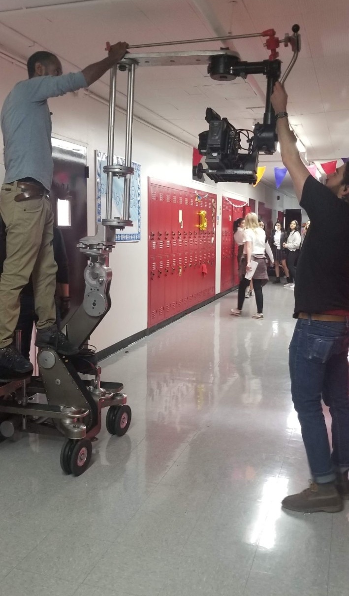 Real film production camera setup and crew